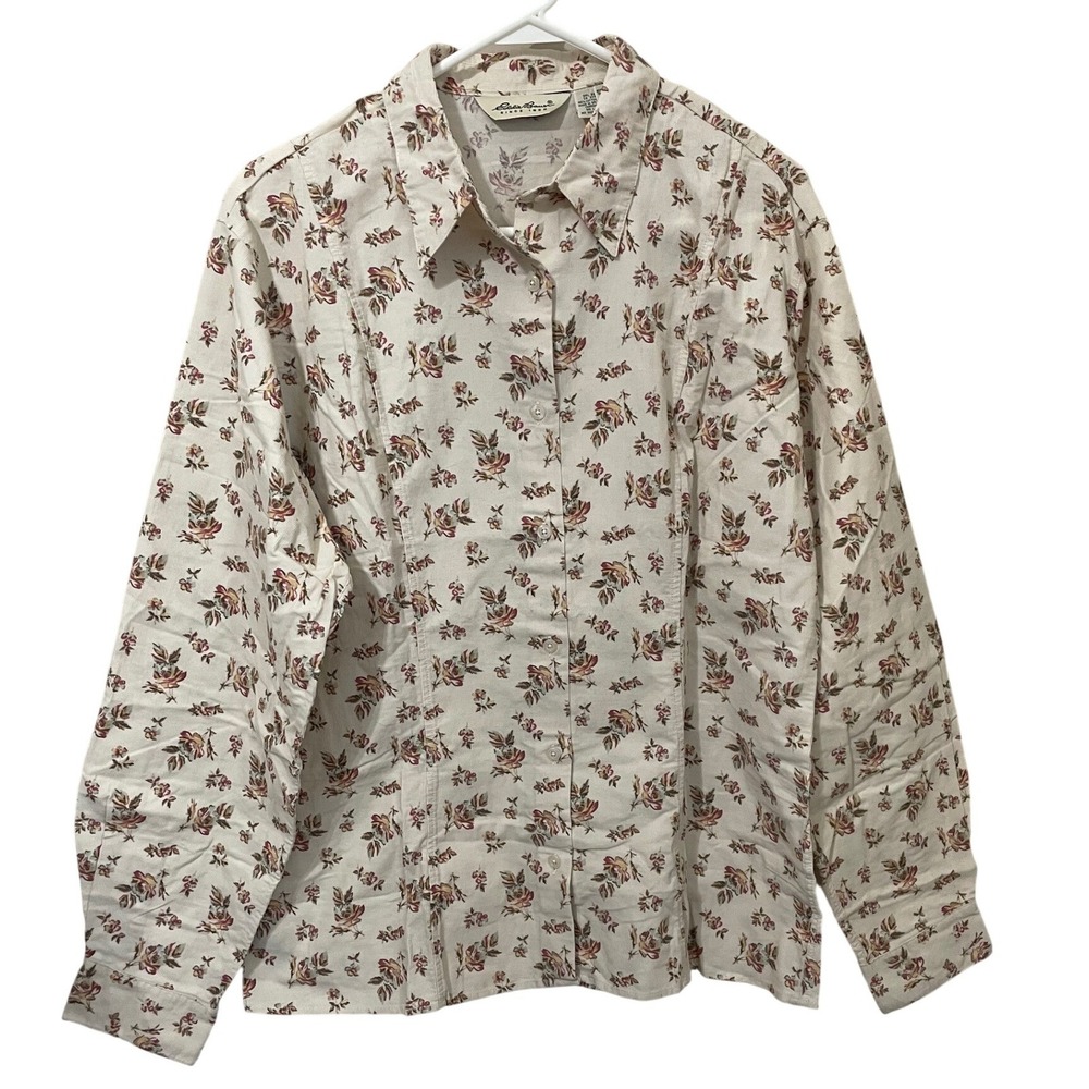 Vtg Eddie Bauer Floral Corduroy Button Down Shirt Cream Size LT L Tall Cottage